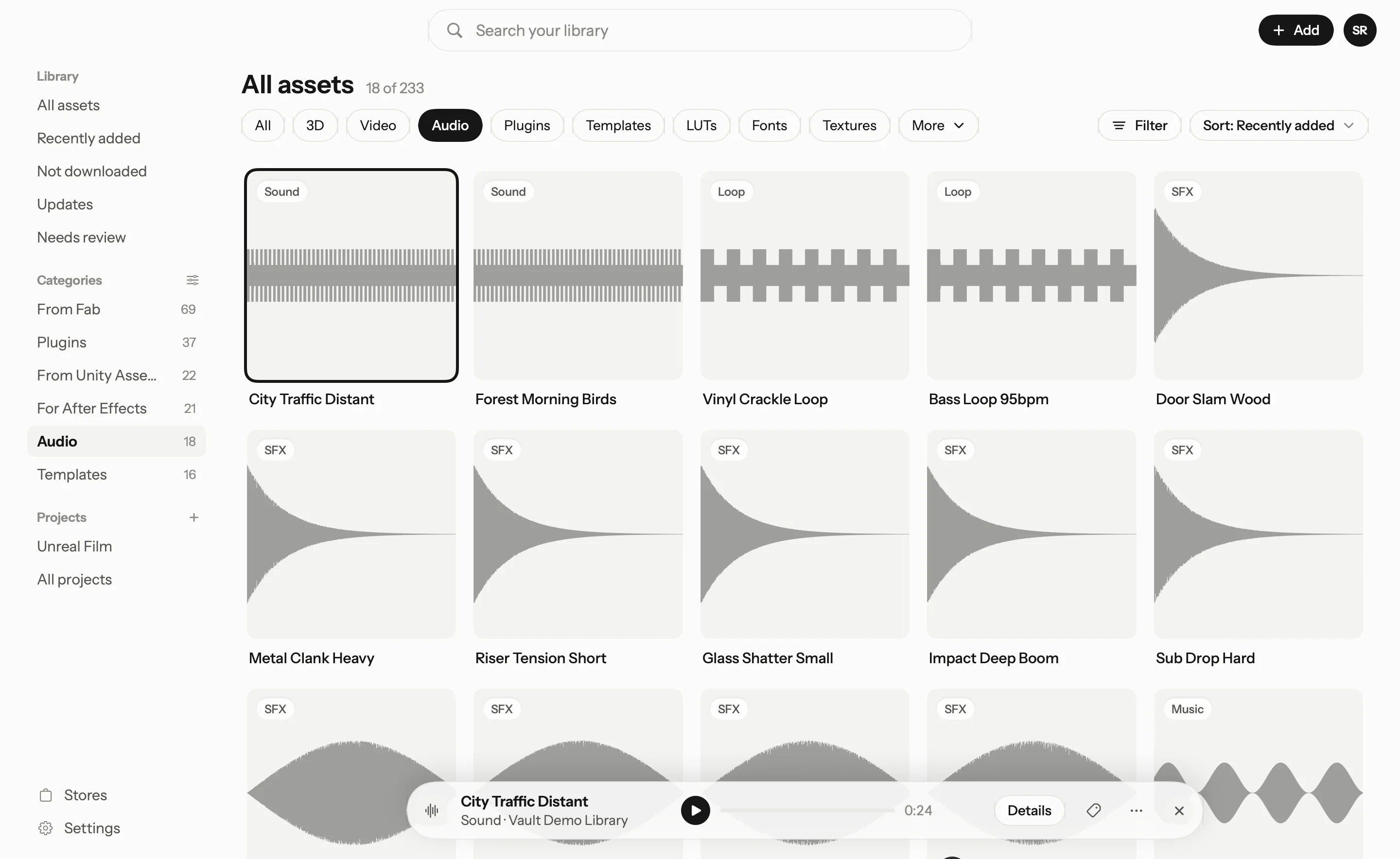 The Audio tab: every sound effect drawn as a waveform, one playing in the selection bar