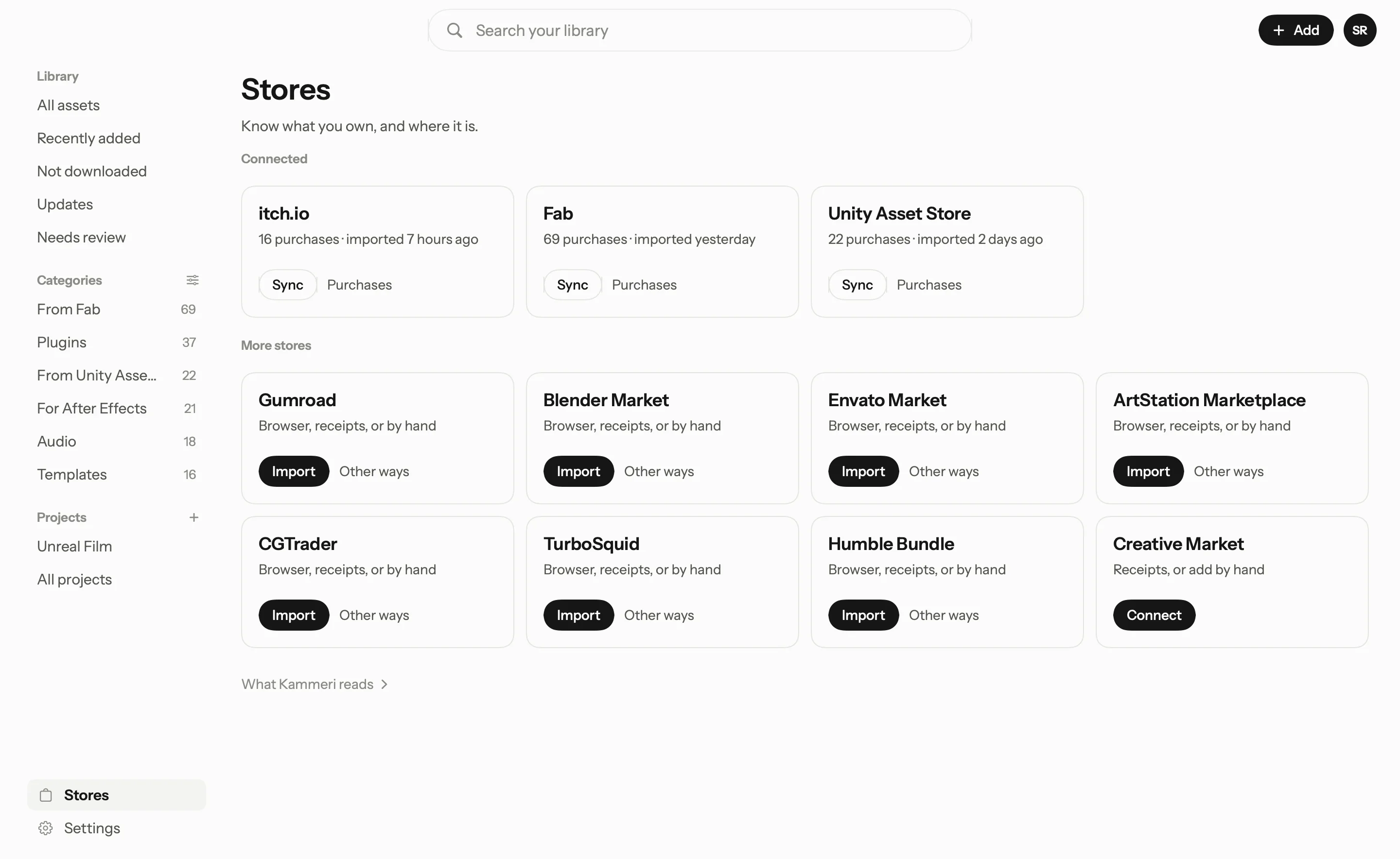 The Stores page: itch.io, Fab and the Unity Asset Store connected and imported